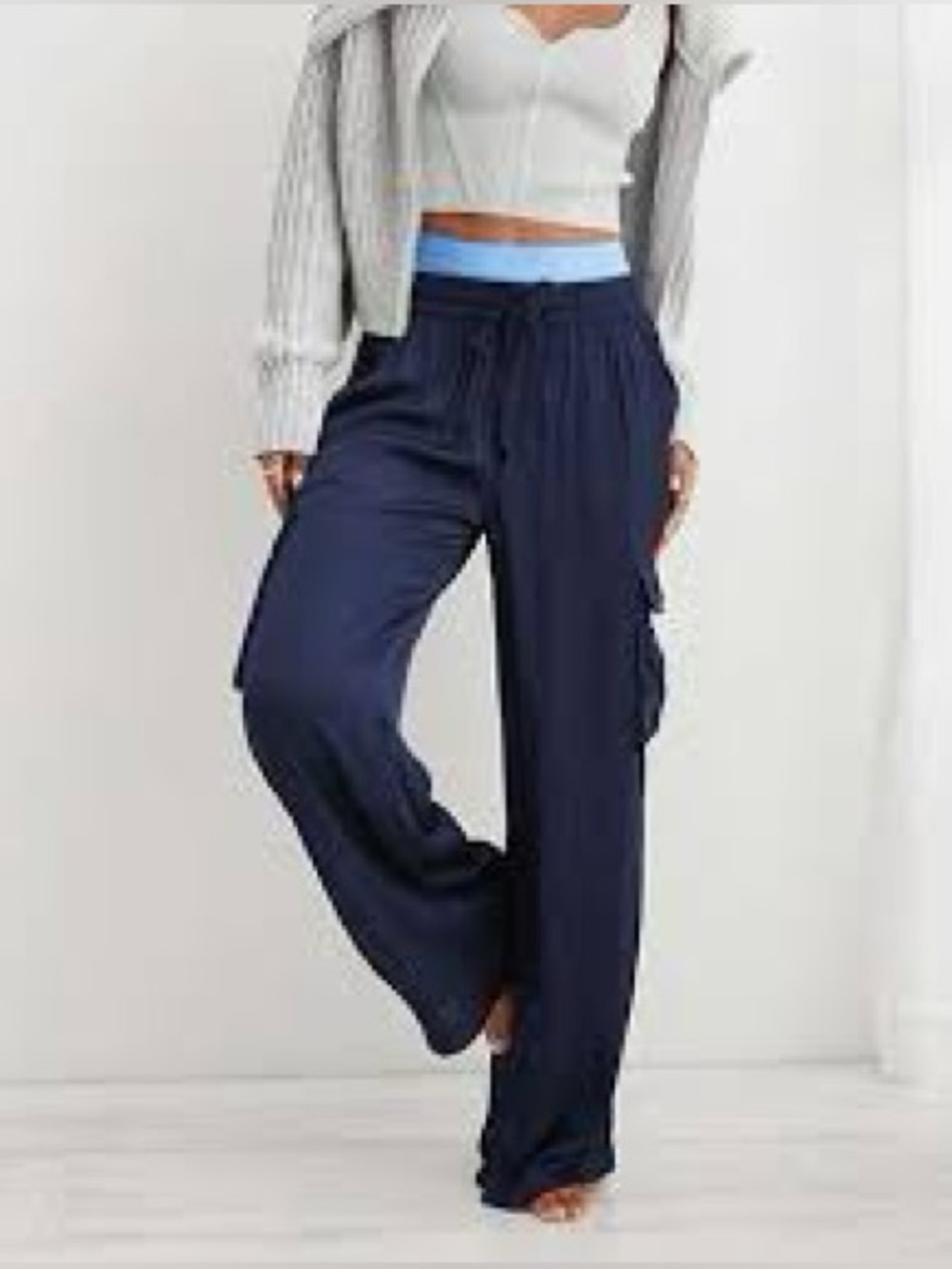 aerie Navy Wide-Leg Cargo Pants with Light Blue Waistband